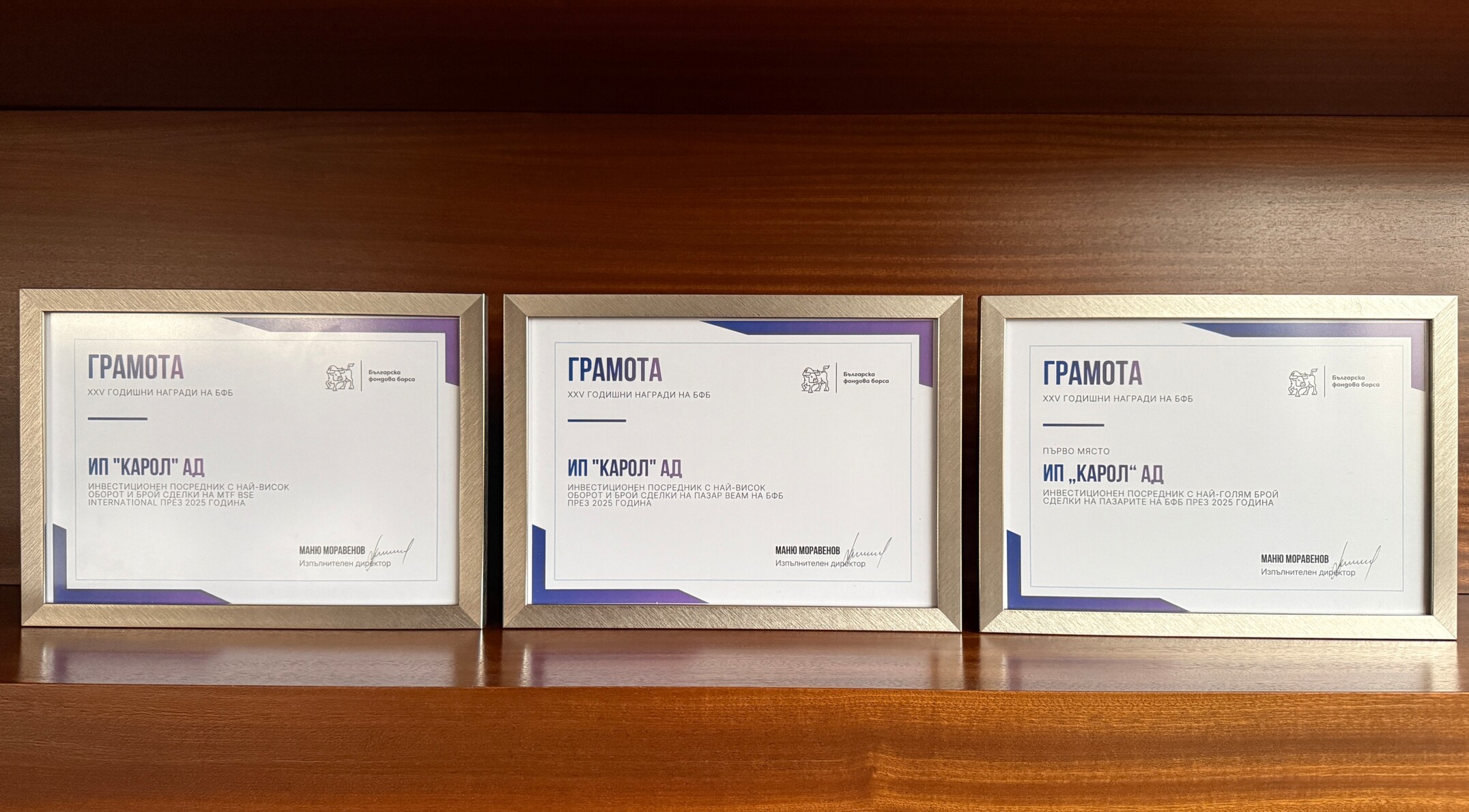 Karoll Investment Brokerage Ltd. wins three awards in the Bulgarian Stock Exchange Annual Ranking